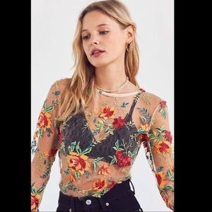Urban Outfitters Mesh Top with Neon Floral Embroirdery